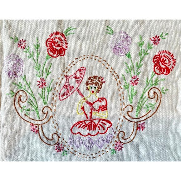 Vintage Table Runner Hand Embroidered Girl with Umbrella & Flowers decor 40" . - Picture 4 of 10